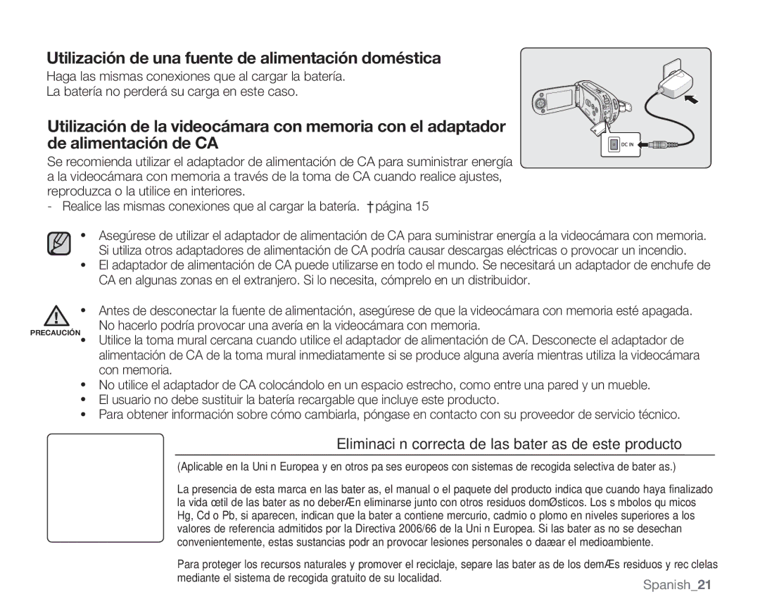 Samsung VP-MX20R/CAN, VP-MX20R/EDC, VP-MX20/EDC, VP-MX20C/EDC manual Utilización de una fuente de alimentación doméstica 