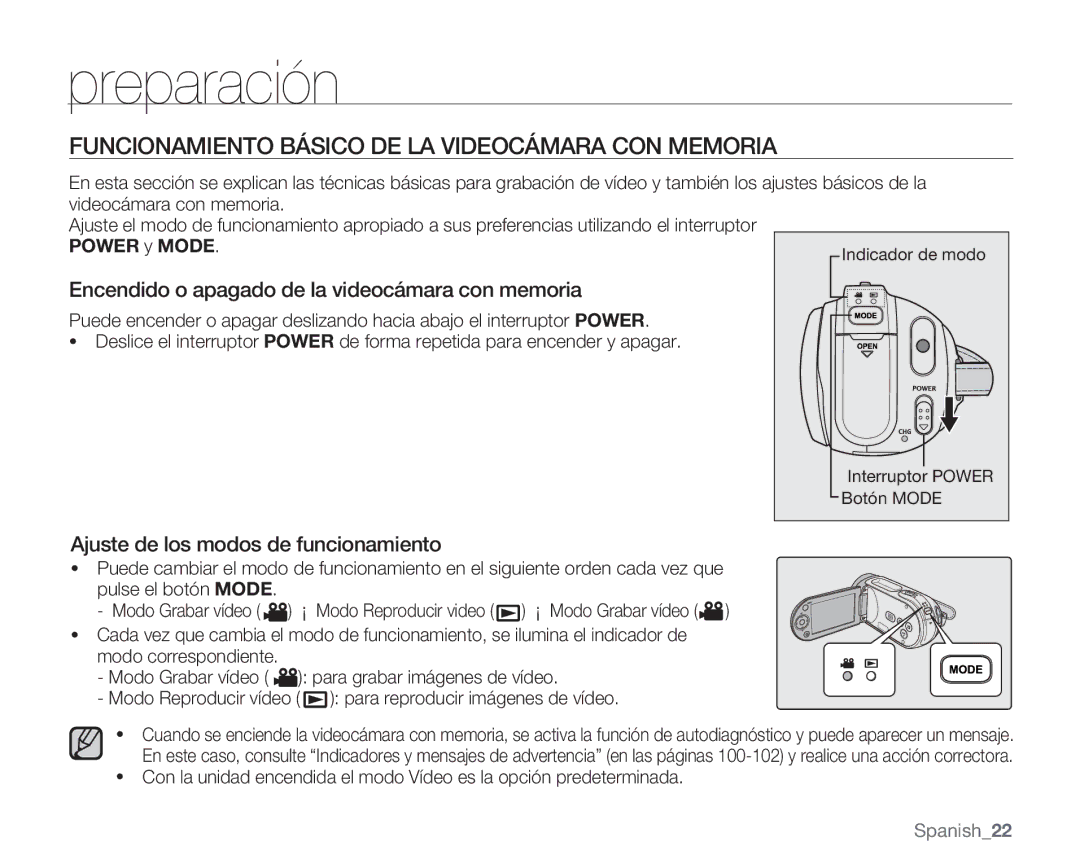 Samsung VP-MX20R/EDC manual Funcionamiento Básico DE LA Videocámara CON Memoria, Ajuste de los modos de funcionamiento 