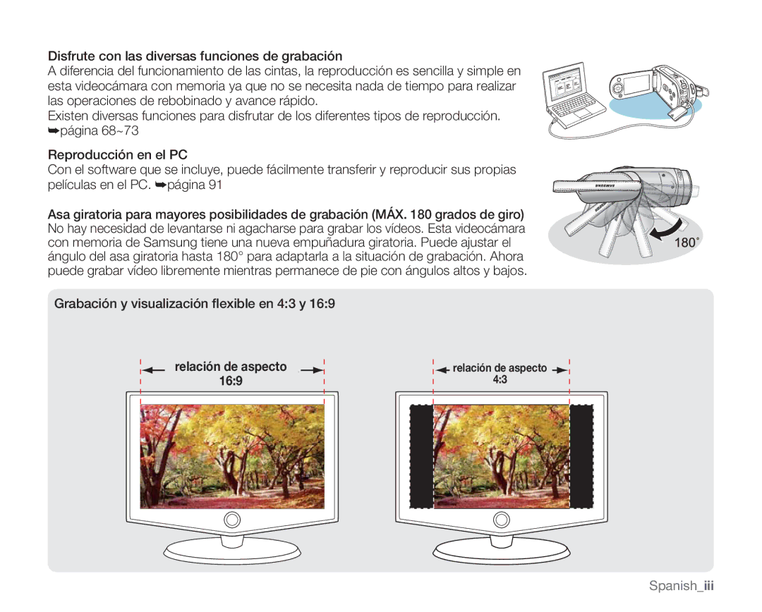 Samsung VP-MX20CH/EDC, VP-MX20R/EDC, VP-MX20/EDC, VP-MX20C/EDC, VP-MX20L/EDC manual Grabación y visualización ﬂexible en 43 y 