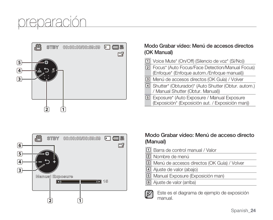 Samsung VP-MX20C/EDC Modo Grabar vídeo Menú de accesos directos OK Manual, Modo Grabar vídeo Menú de acceso directo Manual 