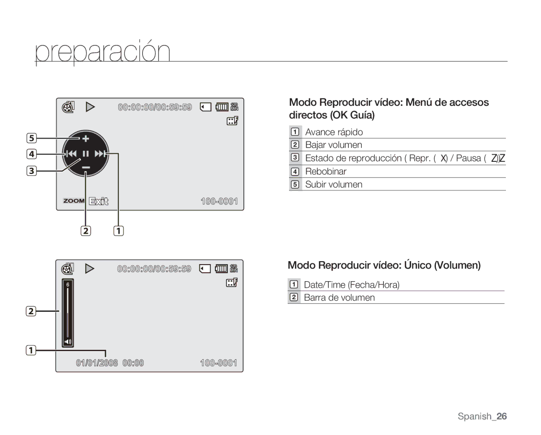 Samsung VP-MX20L/EDC manual Modo Reproducir vídeo Menú de accesos directos OK Guía, Modo Reproducir vídeo Único Volumen 