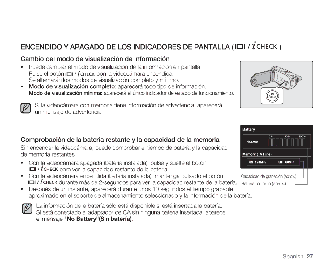 Samsung VP-MX20H/EDC Encendido Y Apagado DE LOS Indicadores DE Pantalla, Cambio del modo de visualización de información 