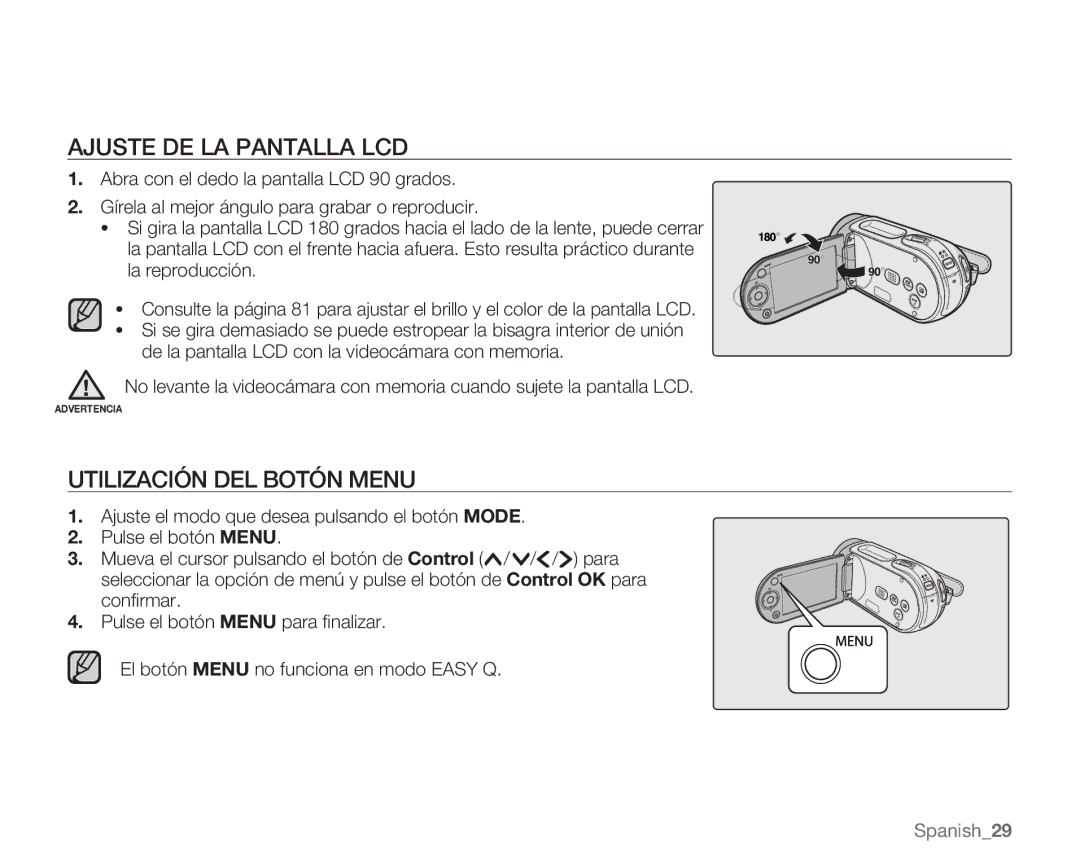 Samsung VP-MX20R/EDC, VP-MX20/EDC, VP-MX20C/EDC, VP-MX20CH/EDC manual Ajuste DE LA Pantalla LCD, Utilización DEL Botón Menu 