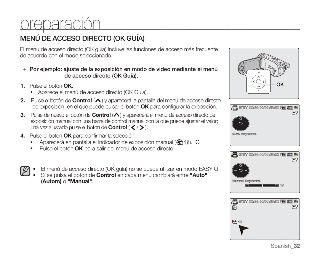 Samsung VP-MX20CH/EDC, VP-MX20R/EDC, VP-MX20/EDC, VP-MX20C/EDC, VP-MX20L/EDC, VP-MX20H/EDC manual Menú DE Acceso Directo OK Guía 