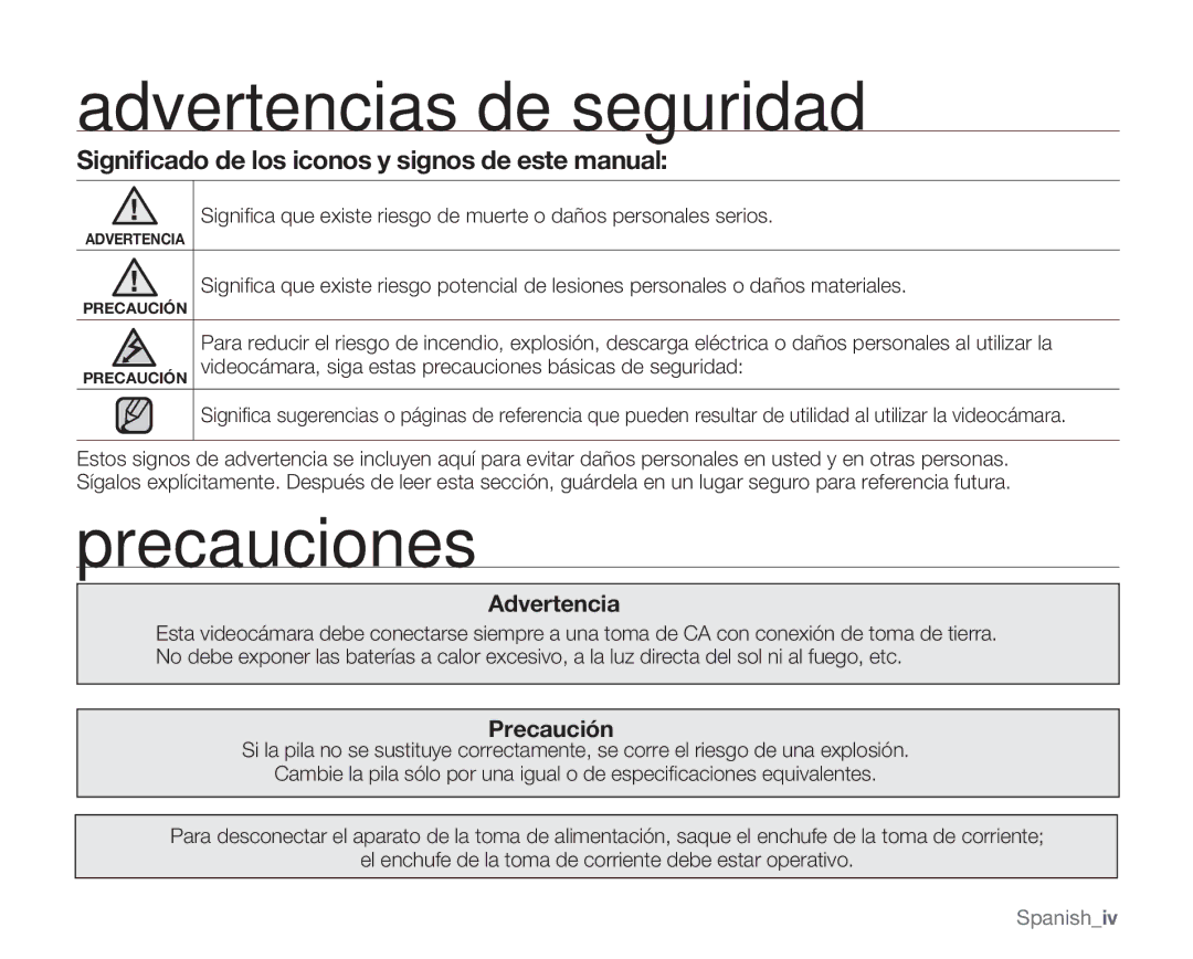 Samsung VP-MX20L/EDC, VP-MX20R/EDC, VP-MX20/EDC, VP-MX20C/EDC, VP-MX20CH/EDC manual Advertencias de seguridad, Precauciones 