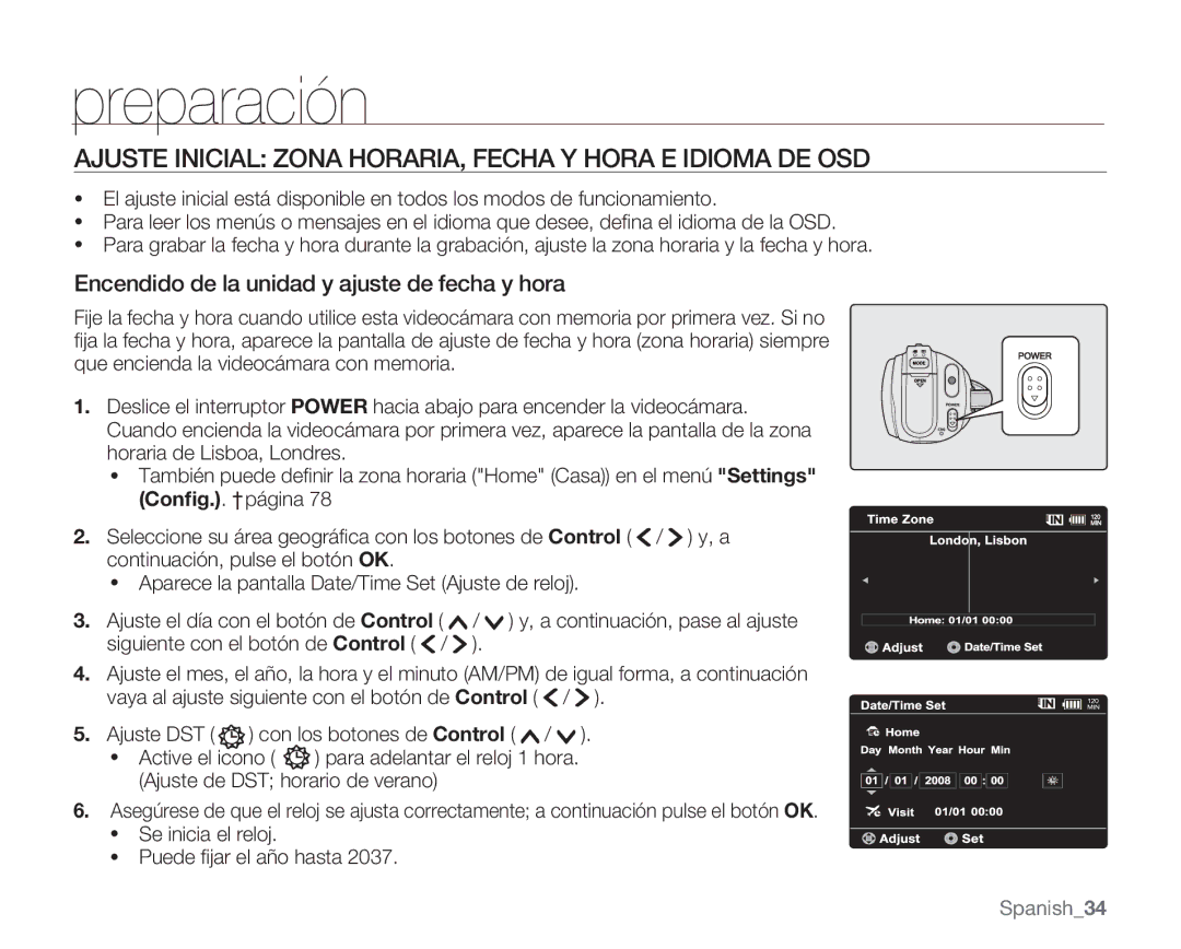 Samsung VP-MX20H/EDC, VP-MX20R/EDC, VP-MX20/EDC, VP-MX20C/EDC manual Ajuste Inicial Zona HORARIA, Fecha Y Hora E Idioma DE OSD 