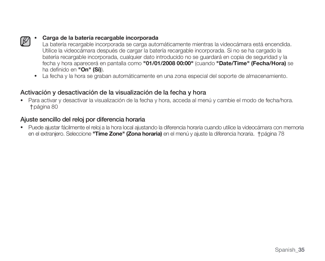 Samsung VP-MX20R/CAN manual Ajuste sencillo del reloj por diferencia horaria, Carga de la batería recargable incorporada 