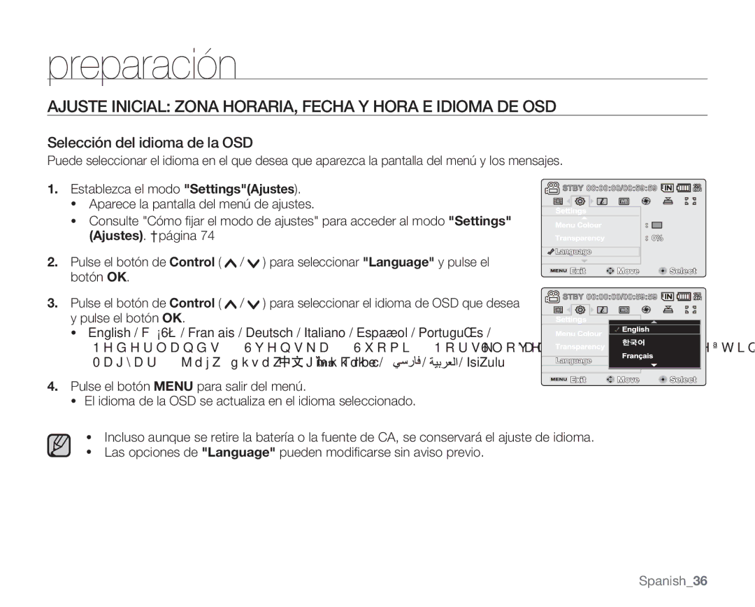 Samsung VP-MX20R/EDC, VP-MX20/EDC, VP-MX20C/EDC manual Selección del idioma de la OSD, Establezca el modo SettingsAjustes 