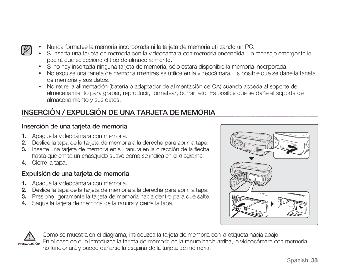 Samsung VP-MX20C/EDC Inserción / Expulsión DE UNA Tarjeta DE Memoria, Inserción de una tarjeta de memoria, Cierre la tapa 