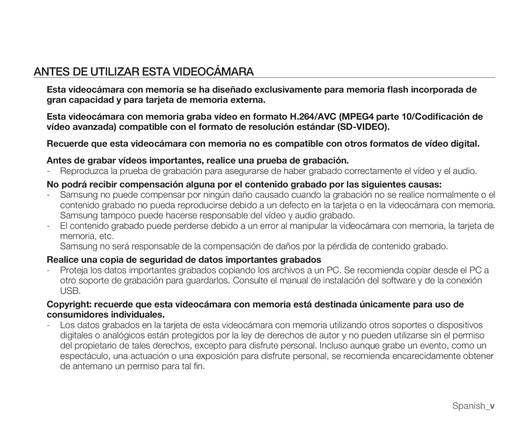 Samsung VP-MX20H/EDC Antes DE Utilizar Esta Videocámara, Realice una copia de seguridad de datos importantes grabados 