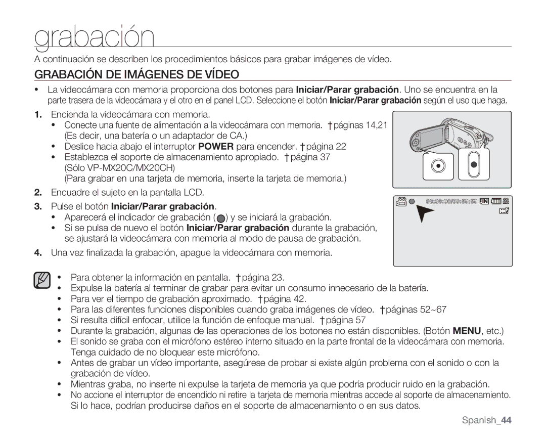 Samsung VP-MX20/EDC, VP-MX20R/EDC, VP-MX20C/EDC Grabación DE Imágenes DE Vídeo, Pulse el botón Iniciar/Parar grabación 