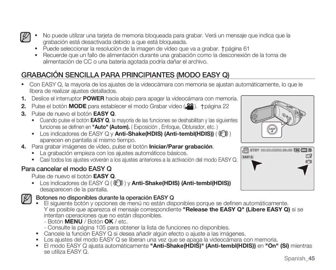 Samsung VP-MX20C/EDC, VP-MX20R/EDC manual Grabación Sencilla Para Principiantes Modo Easy Q, Para cancelar el modo Easy Q 