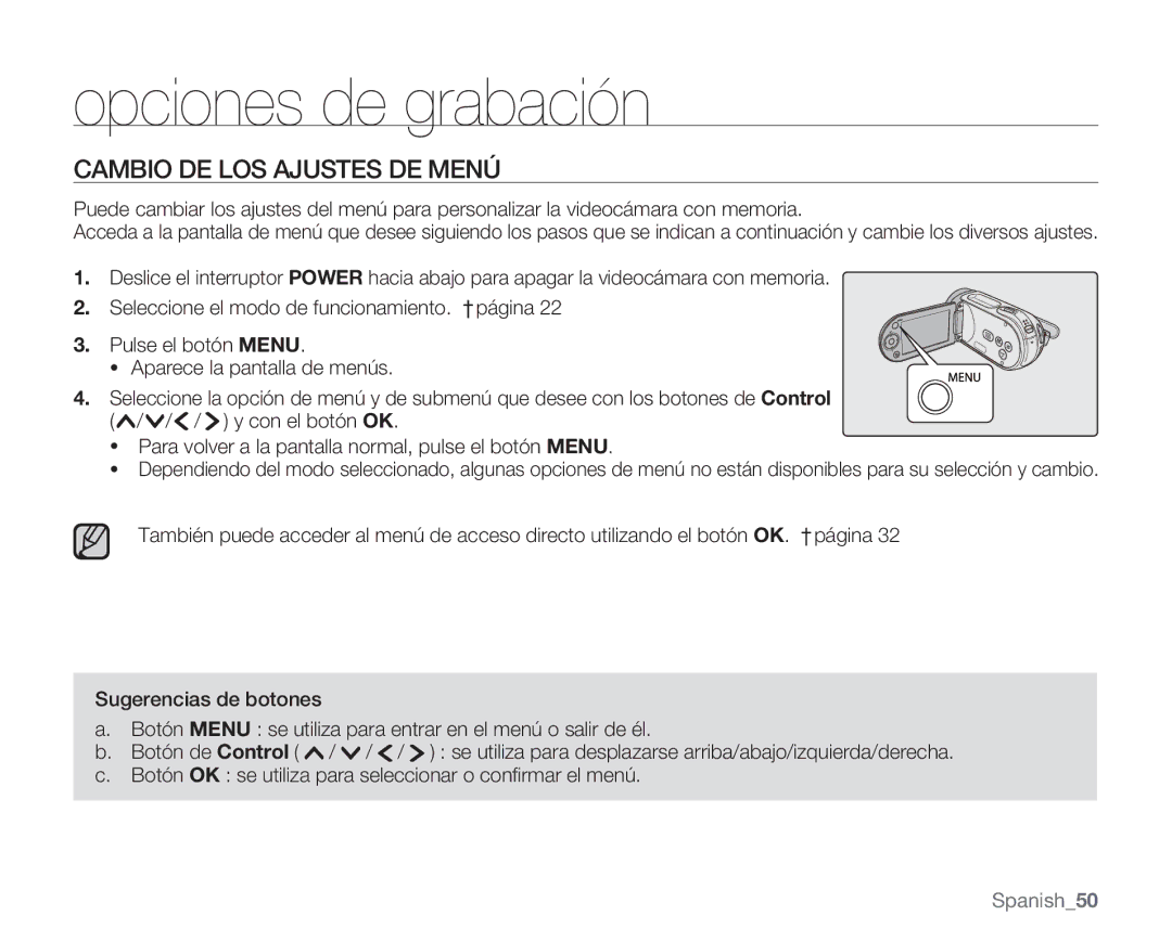 Samsung VP-MX20R/EDC, VP-MX20/EDC, VP-MX20C/EDC, VP-MX20CH/EDC manual Opciones de grabación, Cambio DE LOS Ajustes DE Menú 