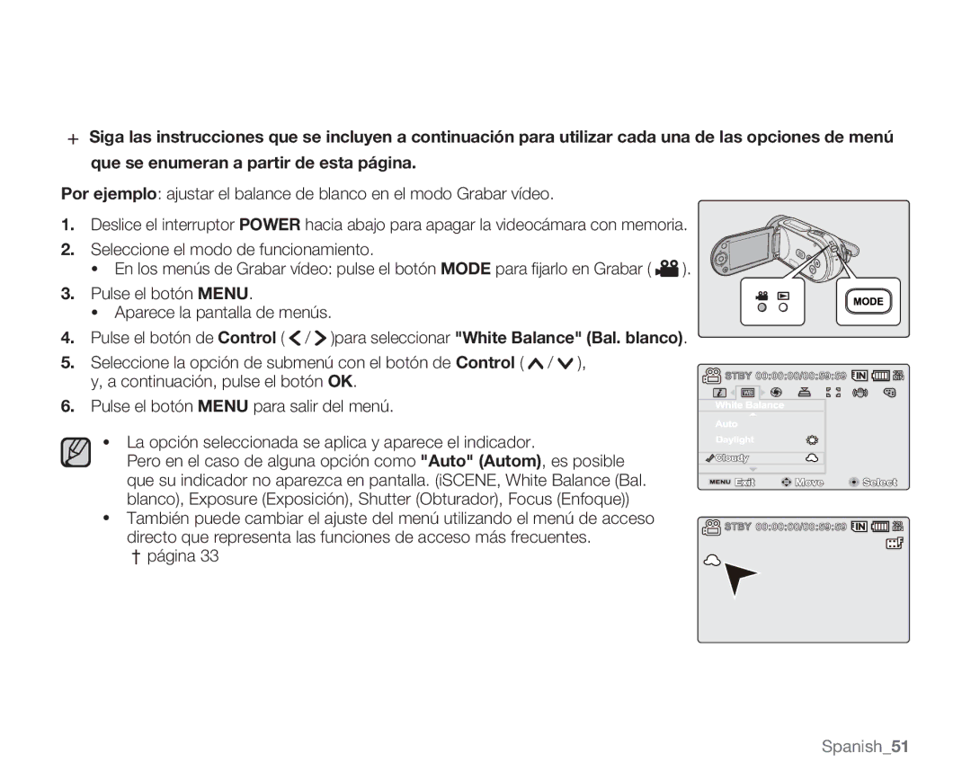 Samsung VP-MX20/EDC, VP-MX20R/EDC, VP-MX20C/EDC, VP-MX20CH/EDC, VP-MX20L/EDC manual Seleccione el modo de funcionamiento 