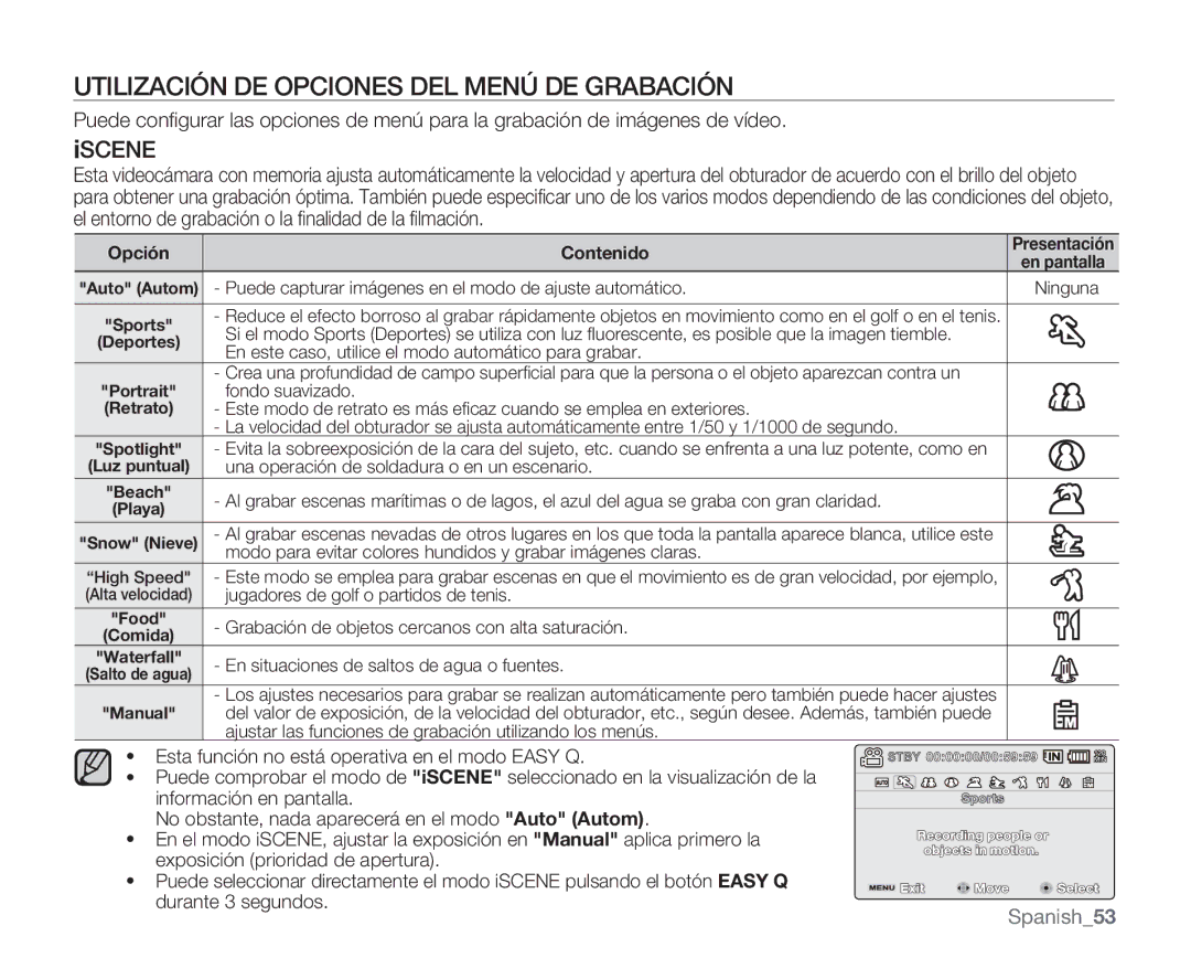 Samsung VP-MX20CH/EDC, VP-MX20R/EDC, VP-MX20/EDC, VP-MX20C/EDC manual Utilización DE Opciones DEL Menú DE Grabación, Iscene 