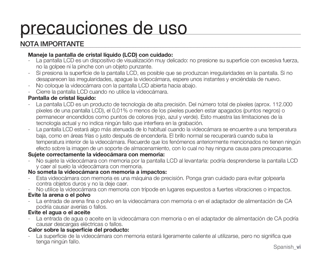 Samsung VP-MX20R/CAN, VP-MX20R/EDC, VP-MX20/EDC, VP-MX20C/EDC, VP-MX20CH/EDC manual Precauciones de uso, Nota Importante 