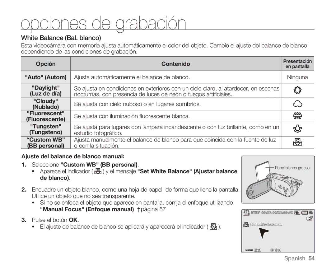 Samsung VP-MX20L/EDC, VP-MX20R/EDC, VP-MX20/EDC, VP-MX20C/EDC, VP-MX20CH/EDC, VP-MX20H/EDC manual White Balance Bal. blanco 