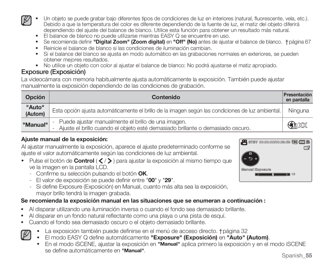 Samsung VP-MX20H/EDC, VP-MX20R/EDC, VP-MX20/EDC, VP-MX20C/EDC Exposure Exposición, Ninguna, Ajuste manual de la exposición 