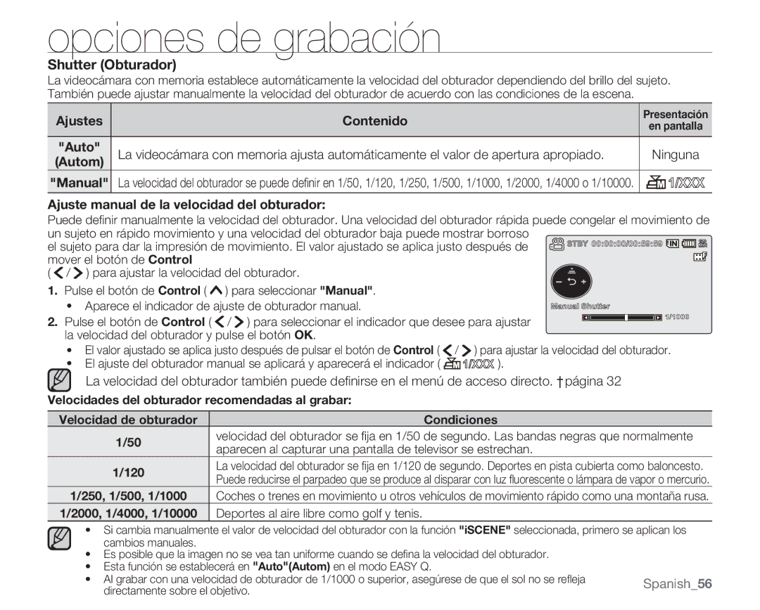 Samsung VP-MX20R/CAN, VP-MX20R/EDC Shutter Obturador, Ajustes Contenido, Ajuste manual de la velocidad del obturador 