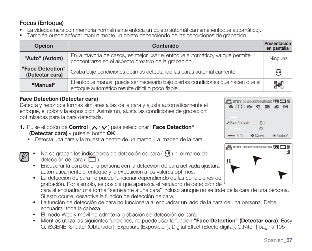 Samsung VP-MX20R/EDC, VP-MX20/EDC manual Focus Enfoque, Face Detection Detectar cara, Detectar cara y pulse el botón OK 