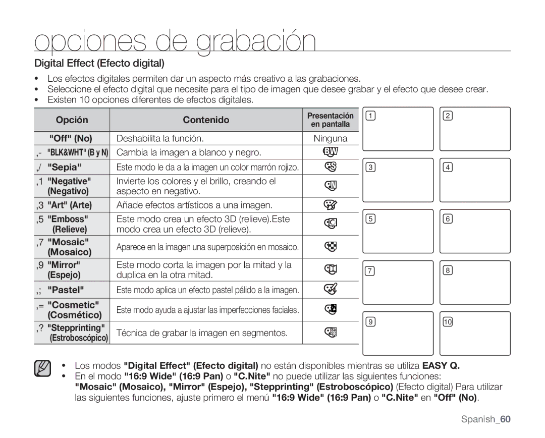 Samsung VP-MX20CH/EDC, VP-MX20R/EDC, VP-MX20/EDC, VP-MX20C/EDC, VP-MX20L/EDC, VP-MX20H/EDC manual Digital Effect Efecto digital 