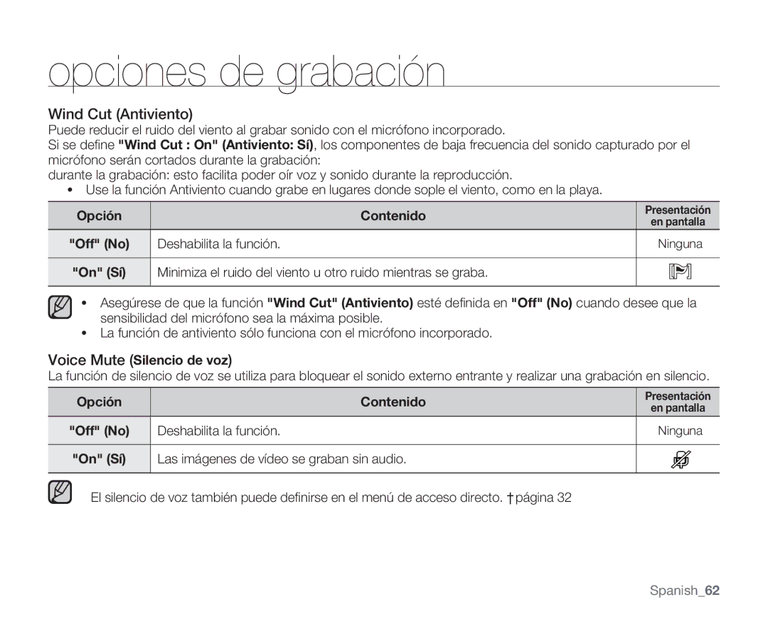 Samsung VP-MX20H/EDC, VP-MX20R/EDC manual Wind Cut Antiviento, Deshabilita la función, Voice Mute Silencio de voz, Opción 