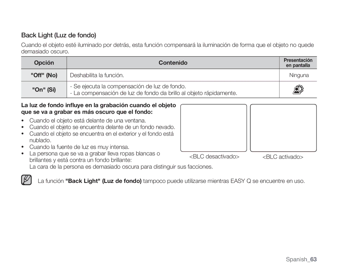 Samsung VP-MX20R/CAN, VP-MX20R/EDC, VP-MX20/EDC, VP-MX20C/EDC, VP-MX20CH/EDC Back Light Luz de fondo, Deshabilita la función 