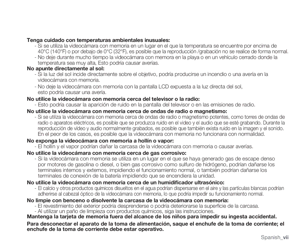 Samsung VP-MX20R/EDC, VP-MX20/EDC manual Tenga cuidado con temperaturas ambientales inusuales, No apunte directamente al sol 