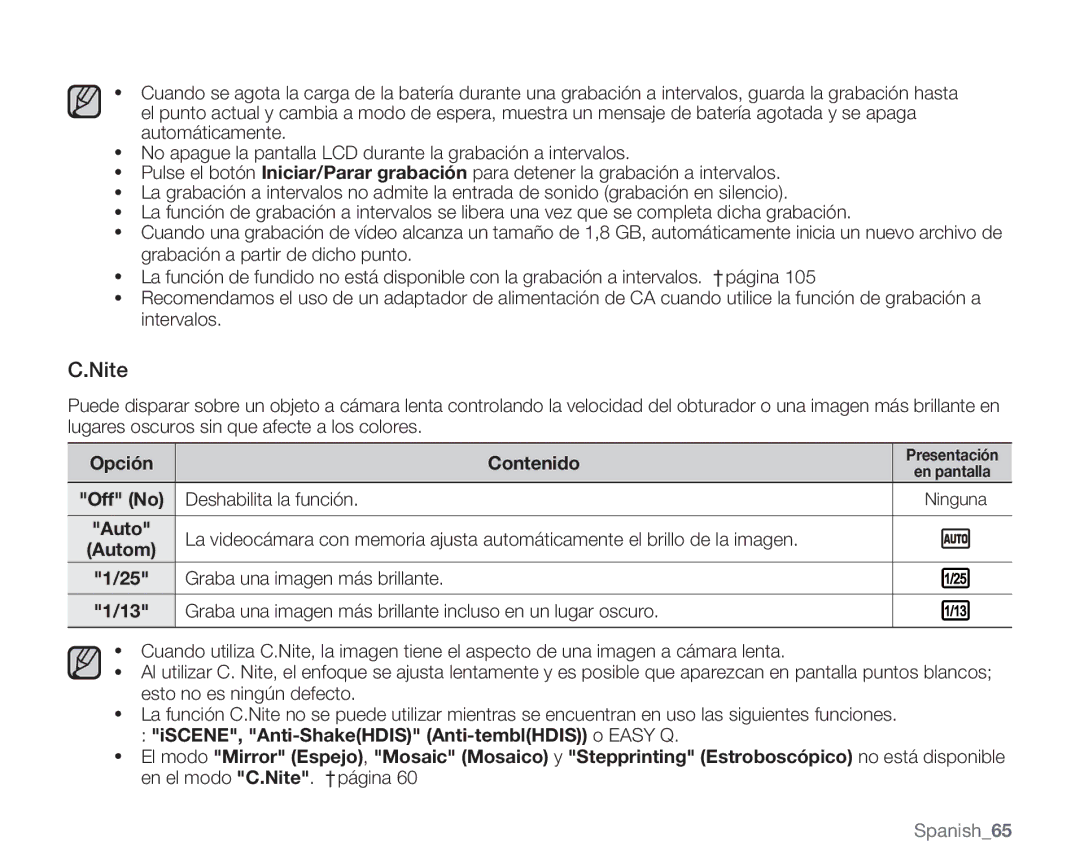 Samsung VP-MX20/EDC, VP-MX20R/EDC, VP-MX20C/EDC, VP-MX20CH/EDC, VP-MX20L/EDC, VP-MX20H/EDC, VP-MX20R/CAN manual Spanish65 