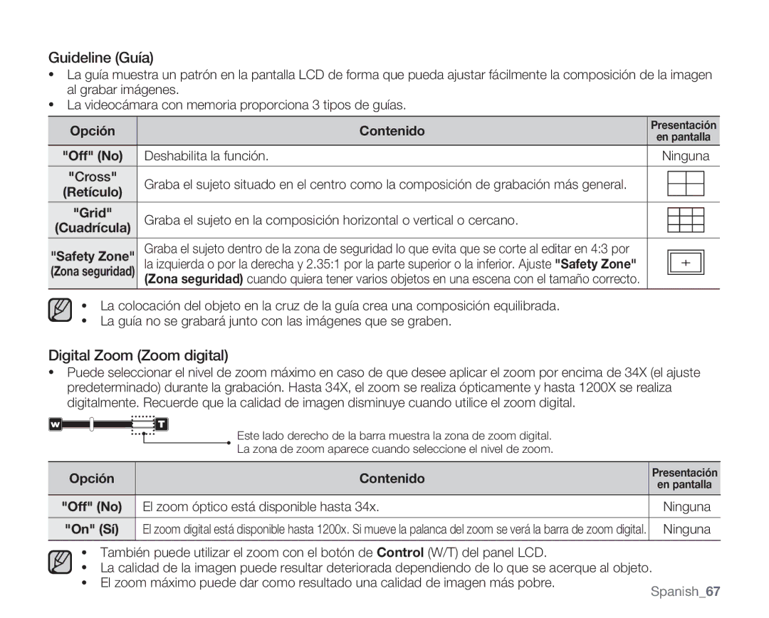 Samsung VP-MX20CH/EDC, VP-MX20R/EDC Guideline Guía, Digital Zoom Zoom digital, Deshabilita la función Ninguna, Retículo 