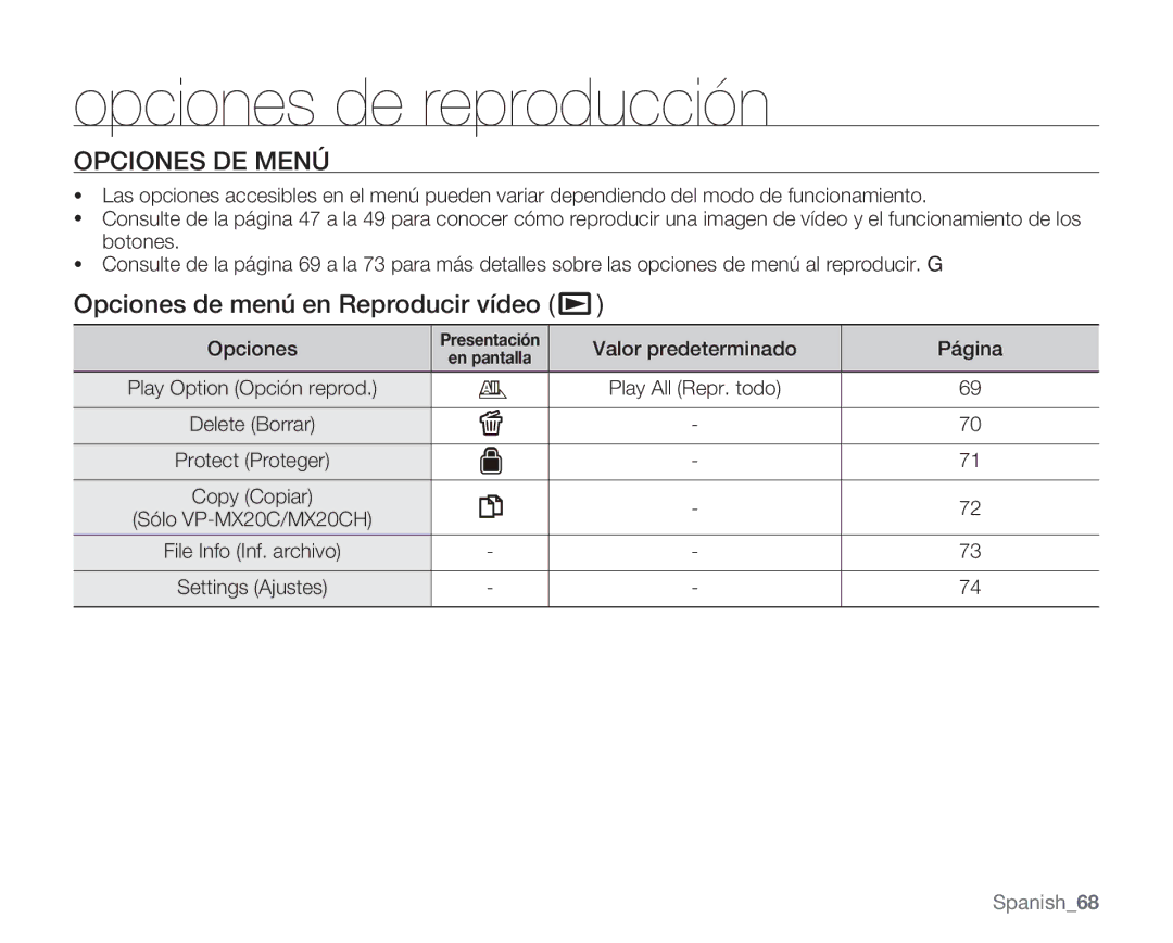 Samsung VP-MX20L/EDC manual Opciones de reproducción, Opciones de menú en Reproducir vídeo, Valor predeterminado Página 