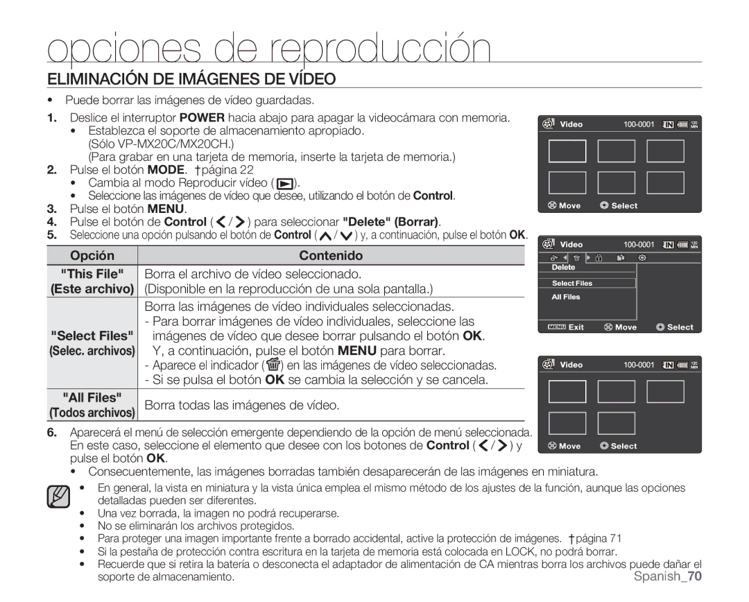 Samsung VP-MX20R/CAN, VP-MX20R/EDC, VP-MX20/EDC, VP-MX20C/EDC, VP-MX20CH/EDC, VP-MX20L/EDC Eliminación DE Imágenes DE Vídeo 