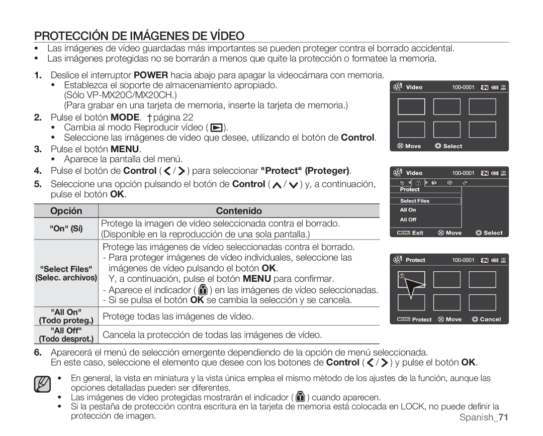 Samsung VP-MX20R/EDC, VP-MX20/EDC, VP-MX20C/EDC, VP-MX20CH/EDC, VP-MX20L/EDC, VP-MX20H/EDC Protección DE Imágenes DE Vídeo 