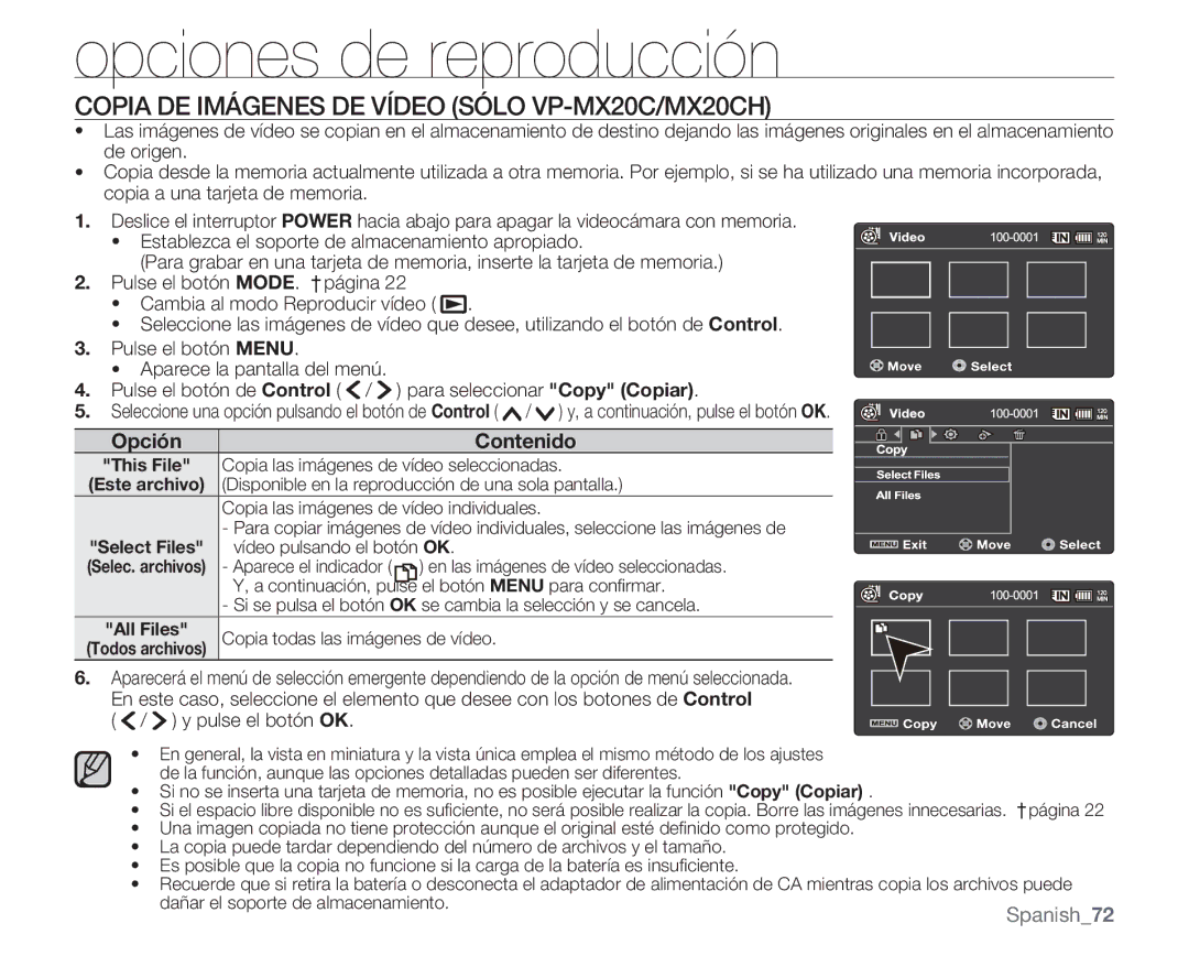 Samsung VP-MX20/EDC, VP-MX20R/EDC manual Copia DE Imágenes DE Vídeo Sólo VP-MX20C/MX20CH, Copia todas las imágenes de vídeo 