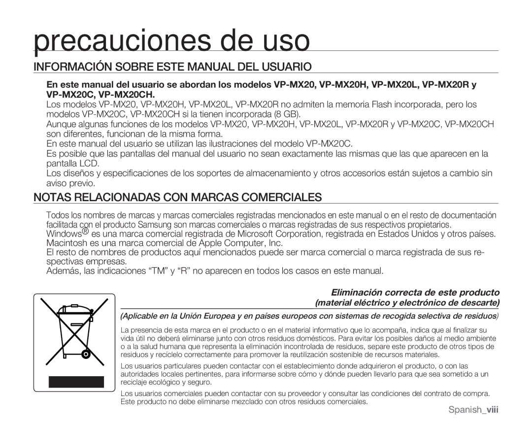 Samsung VP-MX20/EDC, VP-MX20R/EDC Información Sobre Este Manual DEL Usuario, Notas Relacionadas CON Marcas Comerciales 