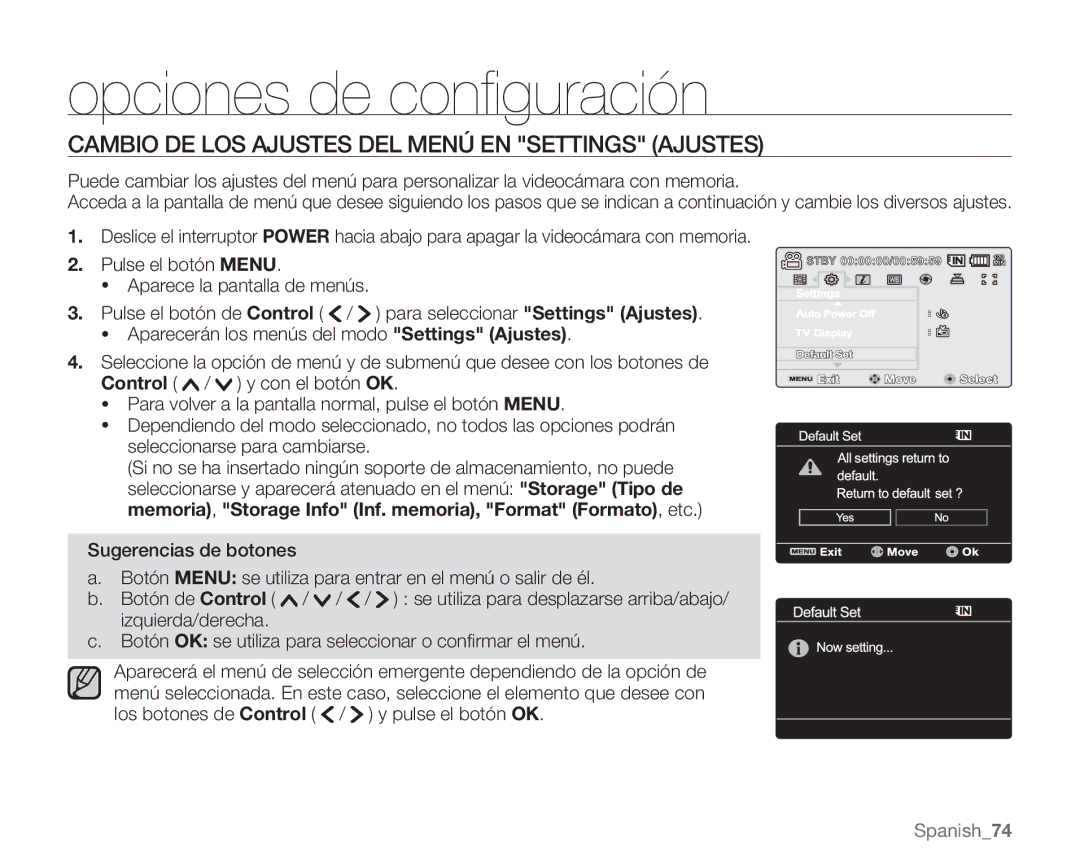 Samsung VP-MX20CH/EDC, VP-MX20R/EDC manual Opciones de conﬁguración, Cambio DE LOS Ajustes DEL Menú EN Settings Ajustes 