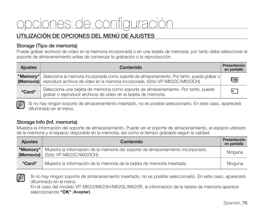 Samsung VP-MX20H/EDC manual Utilización DE Opciones DEL Menú DE Ajustes, Storage Tipo de memoria, Storage Info Inf. memoria 