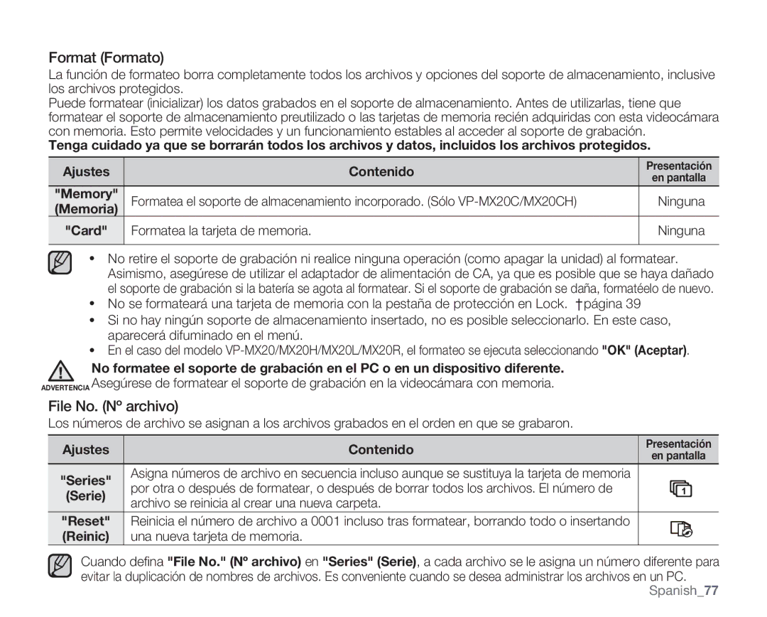 Samsung VP-MX20R/CAN, VP-MX20R/EDC, VP-MX20/EDC Format Formato, File No. Nº archivo, Formatea la tarjeta de memoria Ninguna 