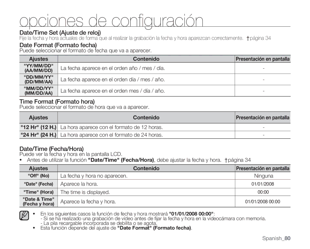 Samsung VP-MX20C/EDC, VP-MX20R/EDC manual Date/Time Set Ajuste de reloj, Date Format Formato fecha, Time Format Formato hora 