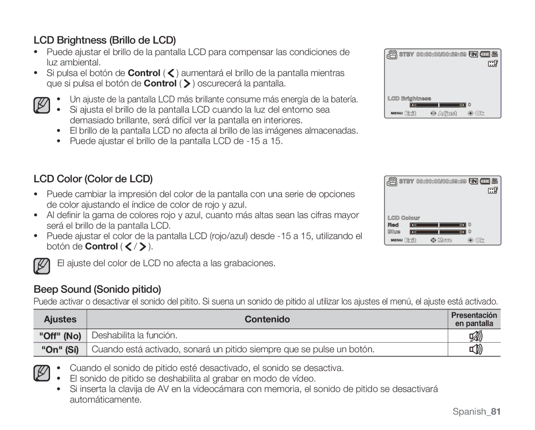 Samsung VP-MX20CH/EDC, VP-MX20R/EDC manual LCD Brightness Brillo de LCD, LCD Color Color de LCD, Beep Sound Sonido pitido 