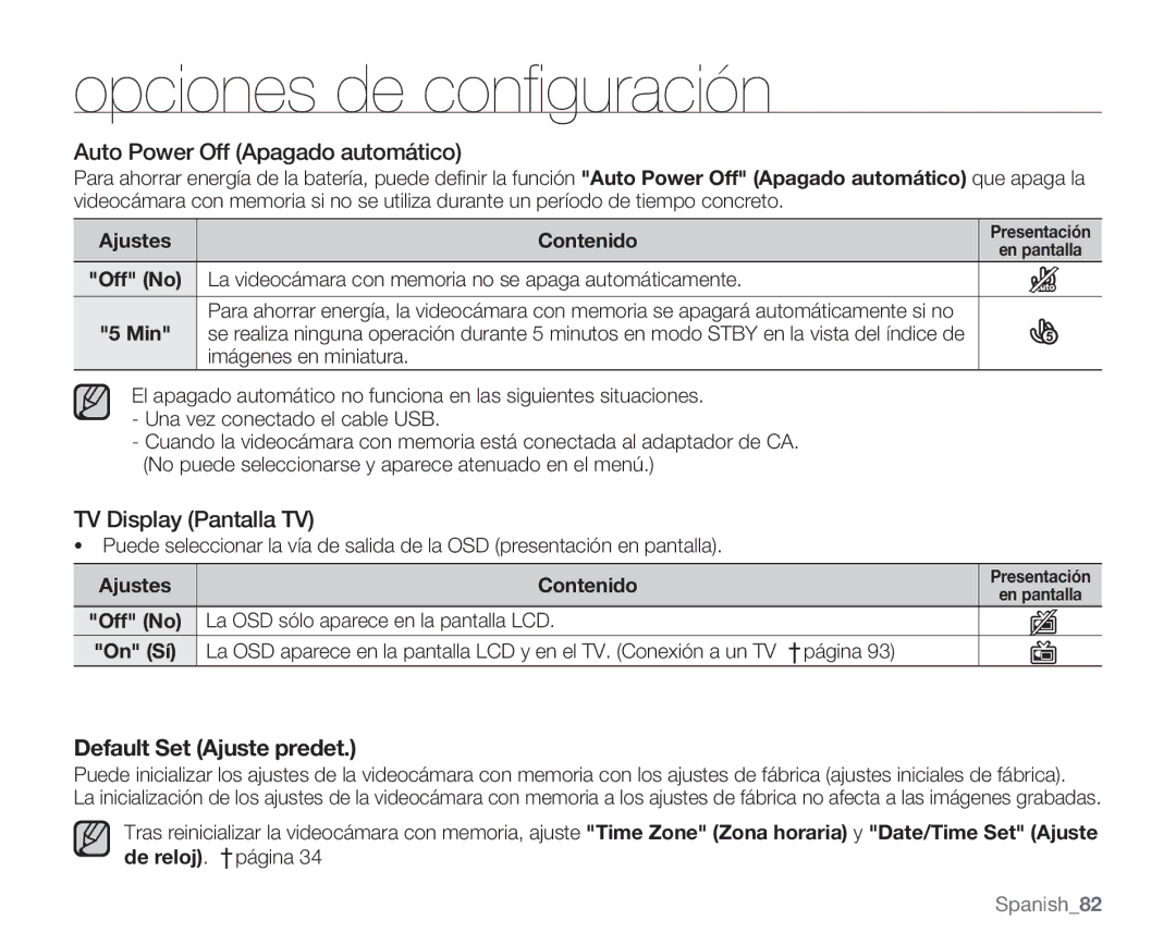 Samsung VP-MX20L/EDC, VP-MX20R/EDC manual Auto Power Off Apagado automático, TV Display Pantalla TV, Imágenes en miniatura 