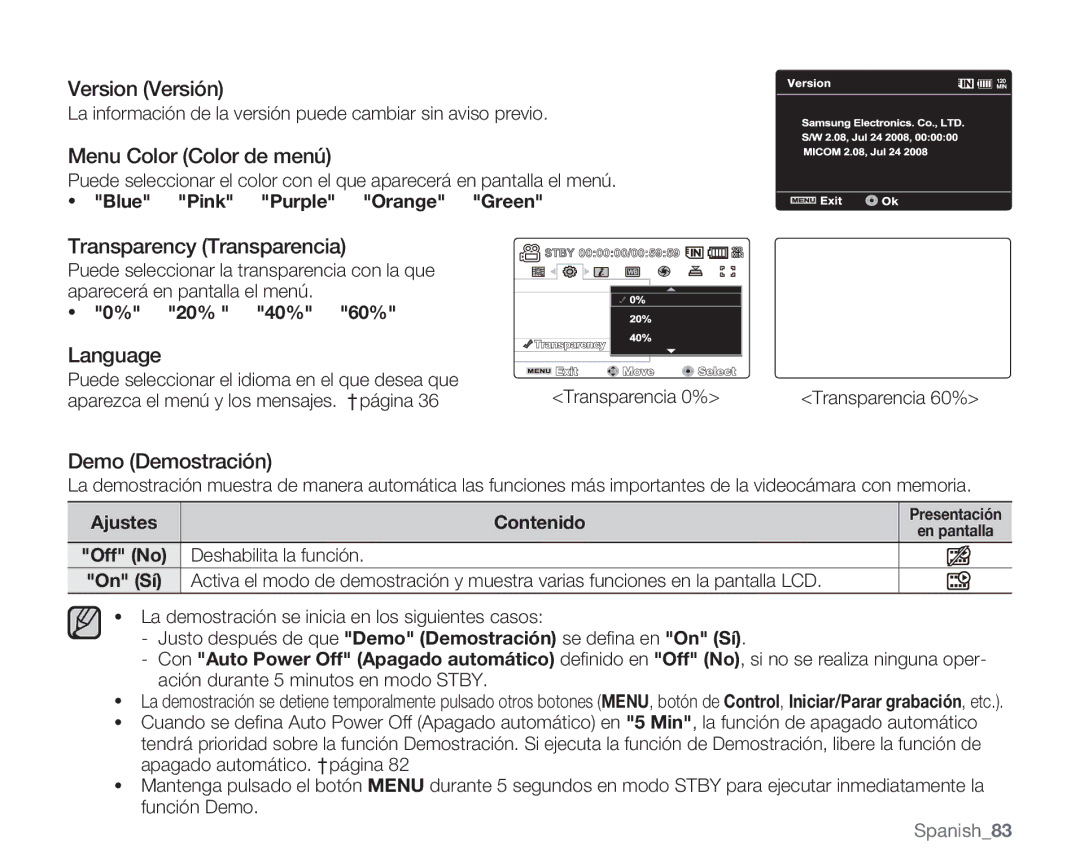 Samsung VP-MX20H/EDC Version Versión, Menu Color Color de menú, Transparency Transparencia, Language, Demo Demostración 