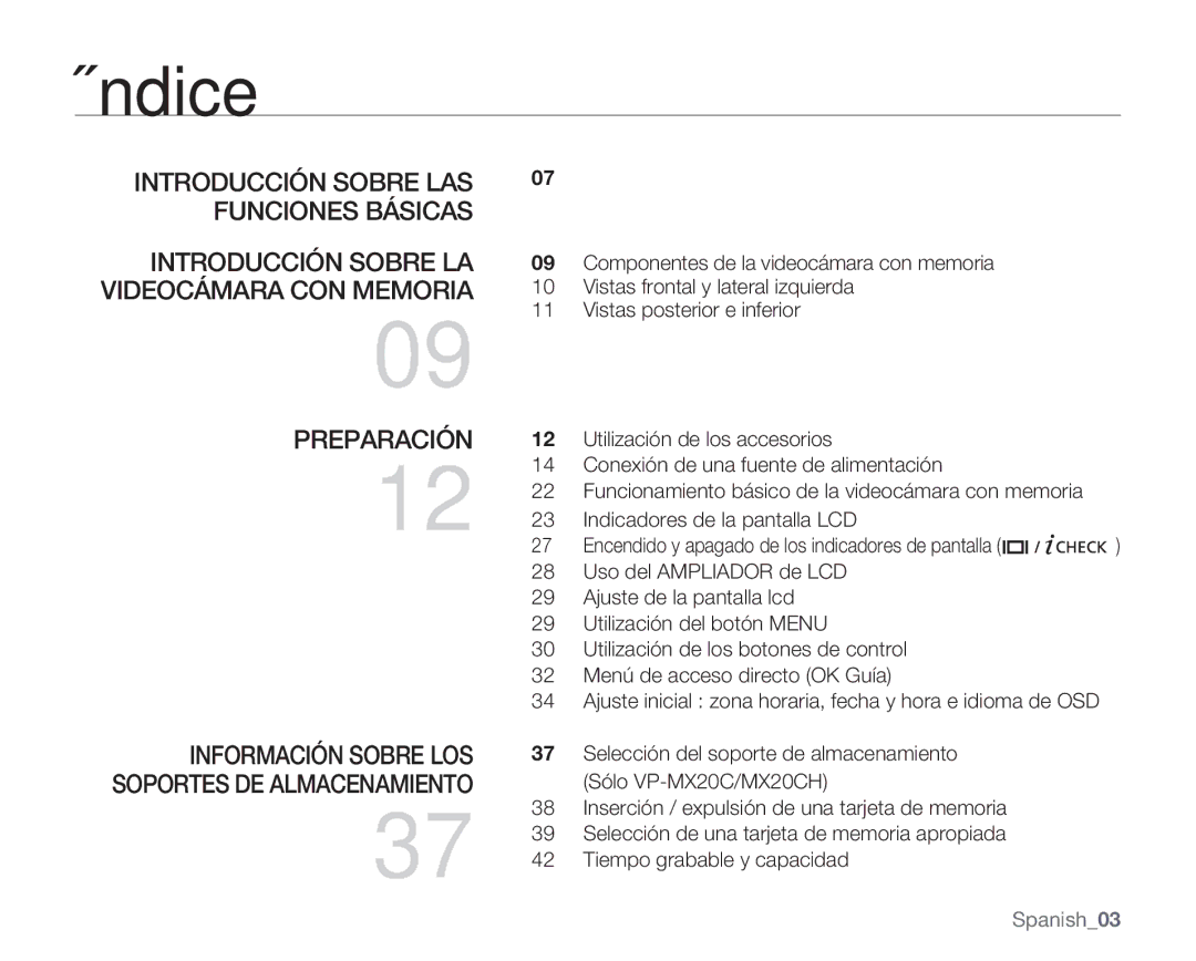 Samsung VP-MX20C/EDC, VP-MX20R/EDC Índice, Introducción Sobre LAS Funciones Básicas, Preparación, Información Sobre LOS 