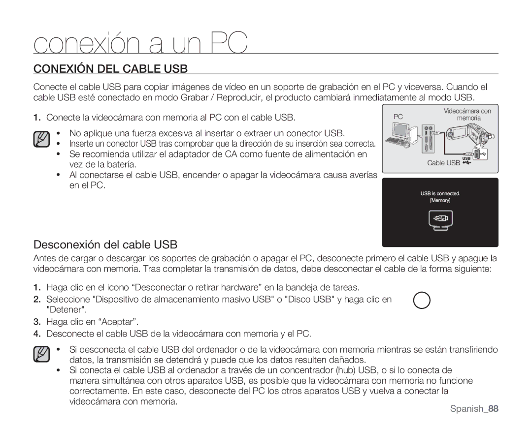 Samsung VP-MX20CH/EDC, VP-MX20R/EDC, VP-MX20/EDC, VP-MX20C/EDC manual Conexión DEL Cable USB, Desconexión del cable USB 