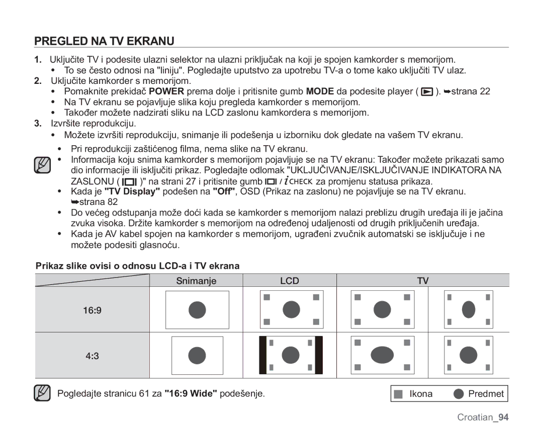 Samsung VP-MX20L/EDC manual Pregled NA TV Ekranu, 3ULUHSURGXNFLMLDãWLüHQRJ¿OPDQHPDVOLNHQD79HNUDQX, Snimanje, Lcd 