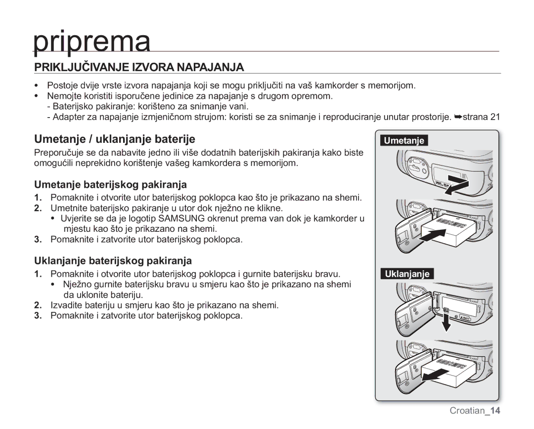 Samsung VP-MX20C/EDC manual 35,./-8ý,9$1-,=925$1$3$-$1-$, 8PHWDQMHXNODQMDQMHEDWHULMH, 8PHWDQMHEDWHULMVNRJSDNLUDQMD 