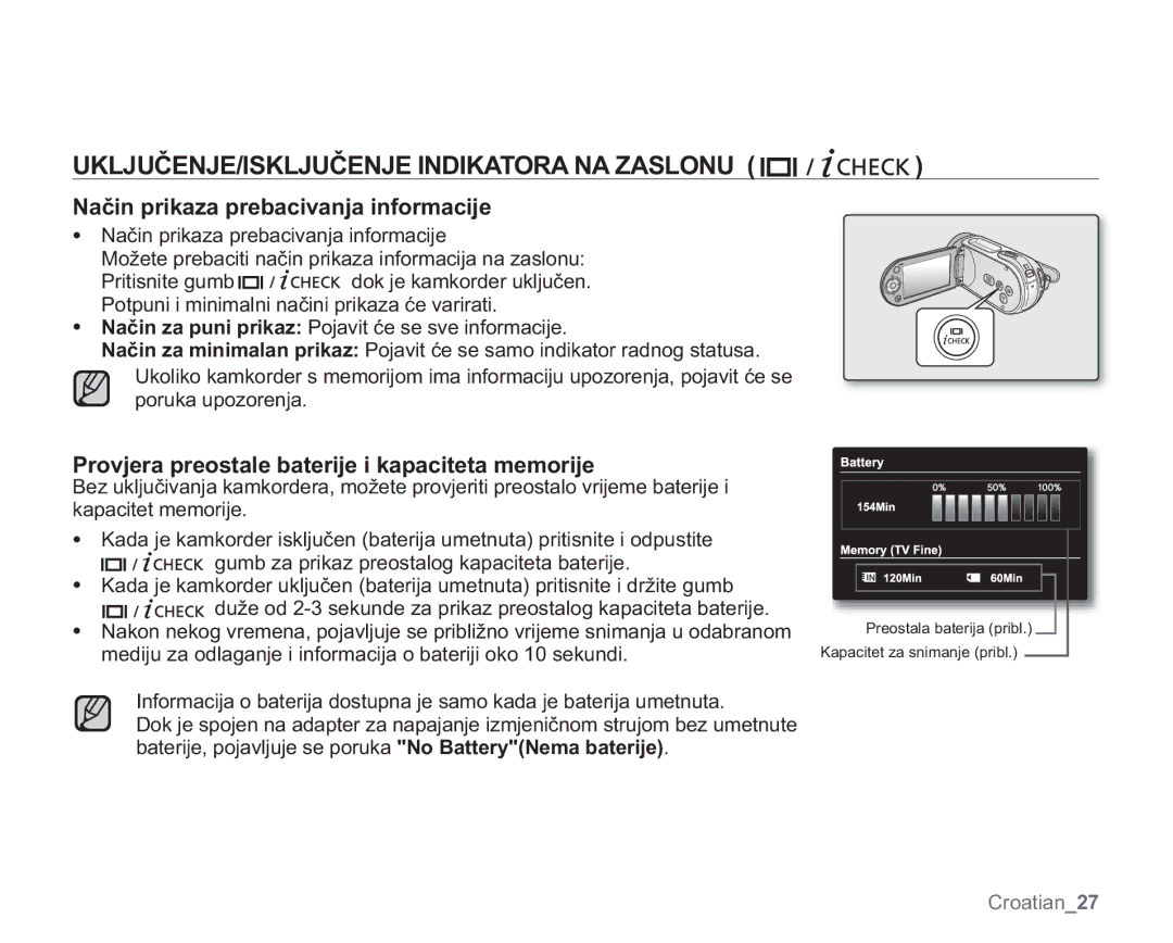 Samsung VP-MX20CH/EDC manual 8ý1-,6./-8ý1-,1,.$725$1$=$6/218, 3URYMHUDSUHRVWDOHEDWHULMHLNDSDFLWHWDPHPRULMH 