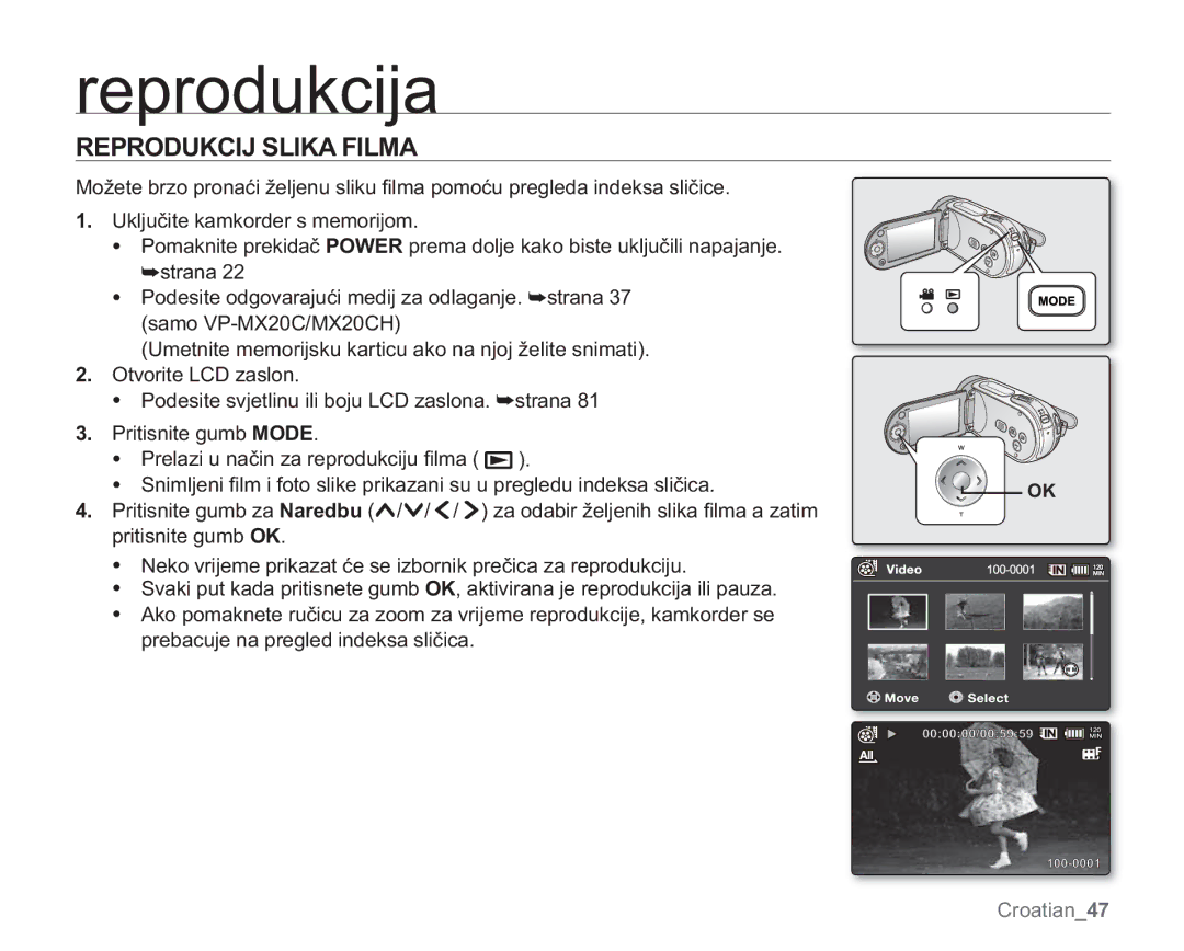 Samsung VP-MX20H/EDC, VP-MX20R/EDC, VP-MX20/EDC manual 53528.&,-6/,.$,/0$, 8NOMXþLWHNDPNRUGHUVPHPRULMRP, ²VWUDQD 