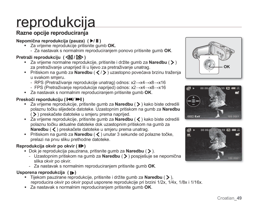 Samsung VP-MX20/EDC manual 5DQHRSFLMHUHSURGXFLUDQMD, 5HSURGXNFLMDRNYLUSRRNYLUZZX, 8VSRUHQDUHSURGXNFLMDZX 