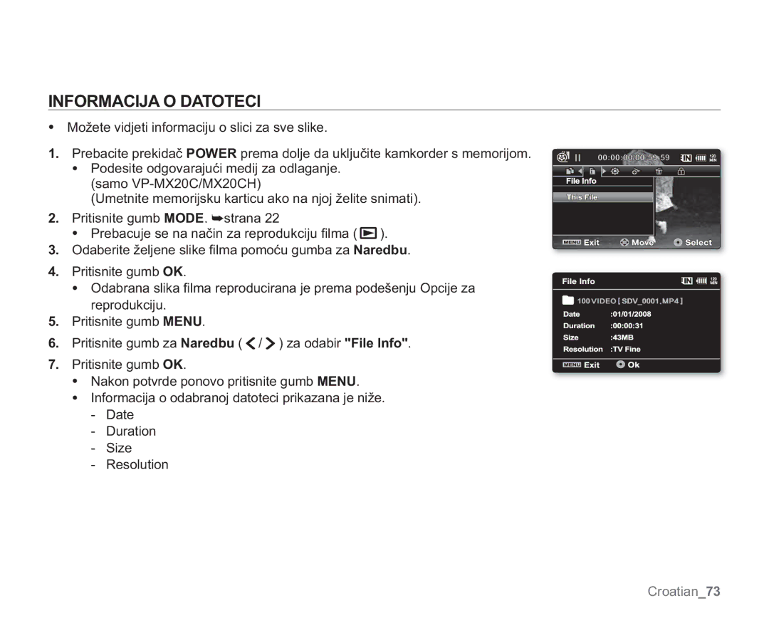 Samsung VP-MX20/EDC Informacija O Datoteci,  3ULWLVQLWHJXPEOK, UHSURGXNFLMX  3ULWLVQLWHJXPEMENU, Xudwlrq 